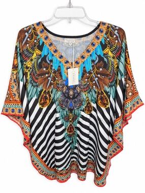 TAMSY Women’s One Size Kaftan Tunic Top Jeweled Feather Zebra Print NWT